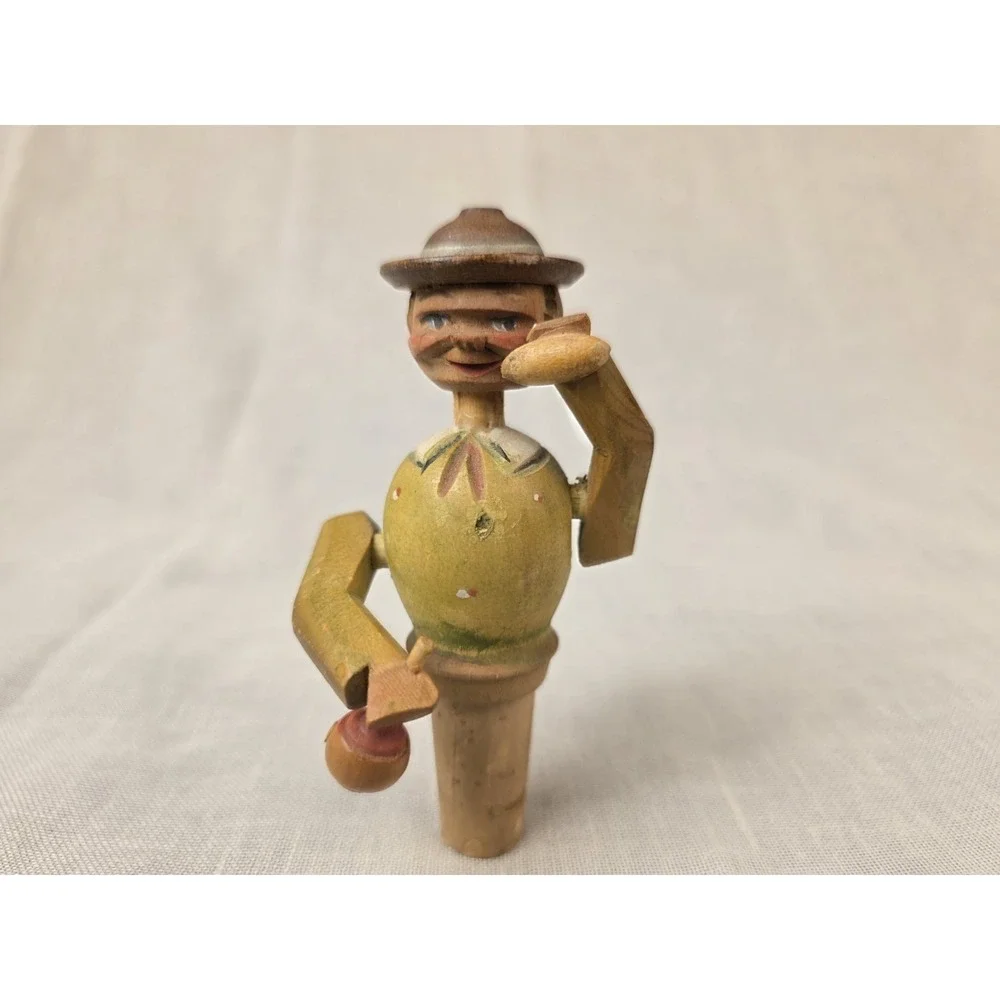 Vintage Antique‎ Anri Hand Carved Painted Wood Wine Cork Bottle Stopper